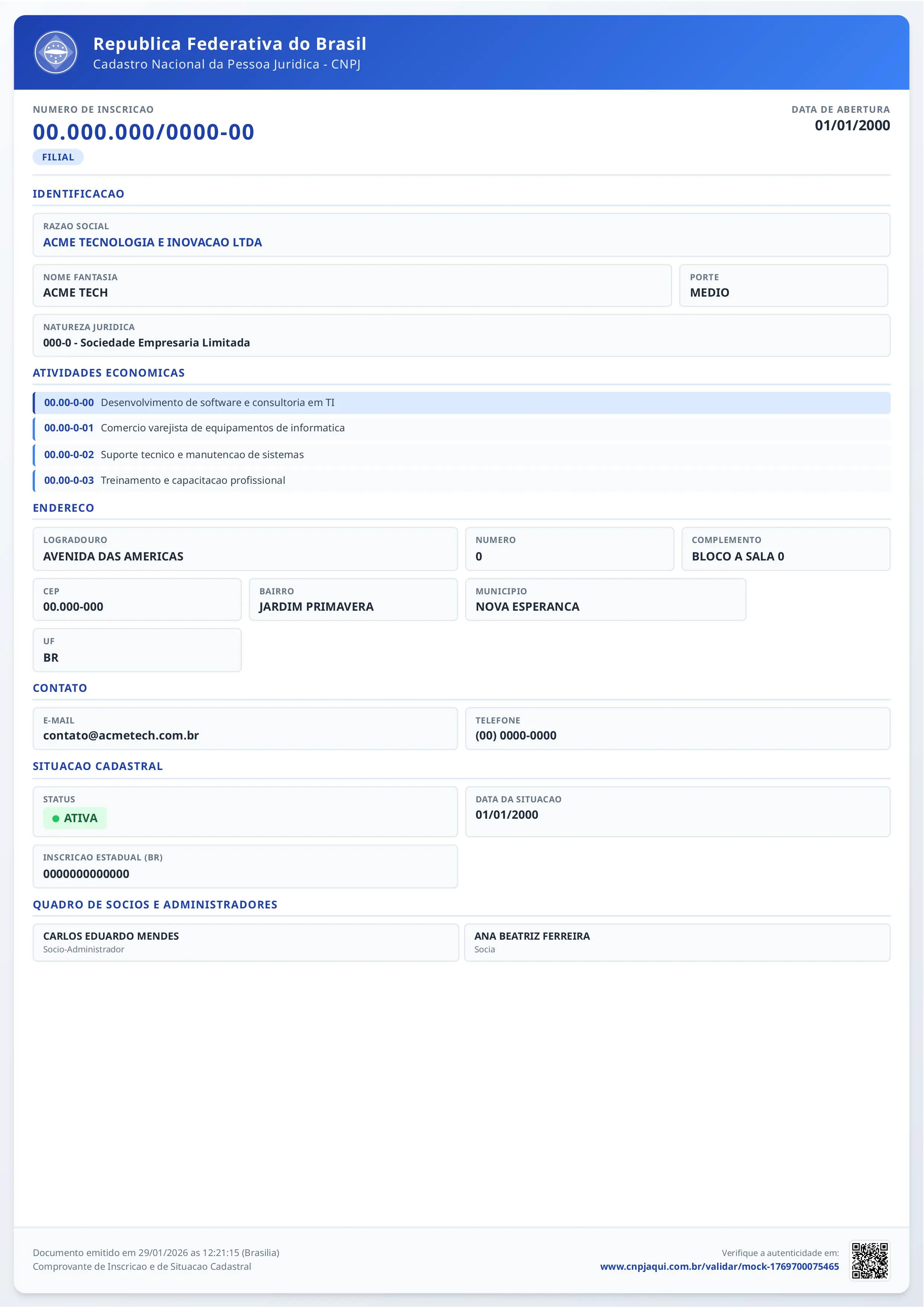 Preview do Cartão CNPJ gerado pelo CNPJ Aqui